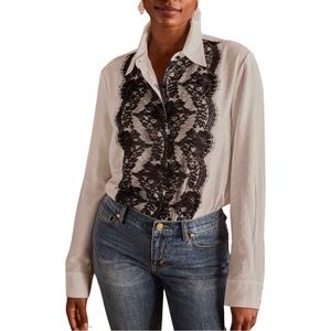 Cabi Women's Dolce Blouse Lace Panel Classic Button Up Shirt sz M White Black
